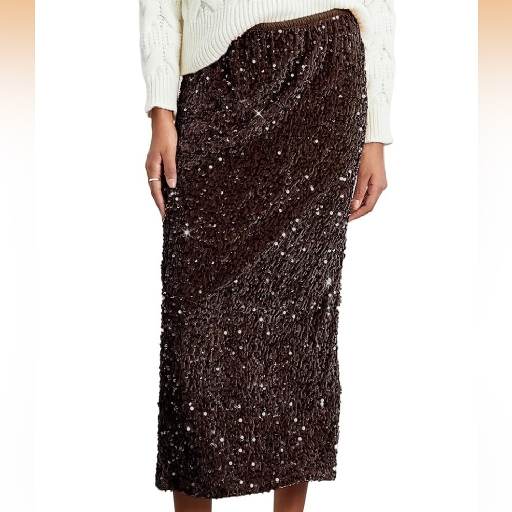 Fuguibadn Women's Elegant Sparkly Sequin Midi Skirt Elastic High Waist Shiny